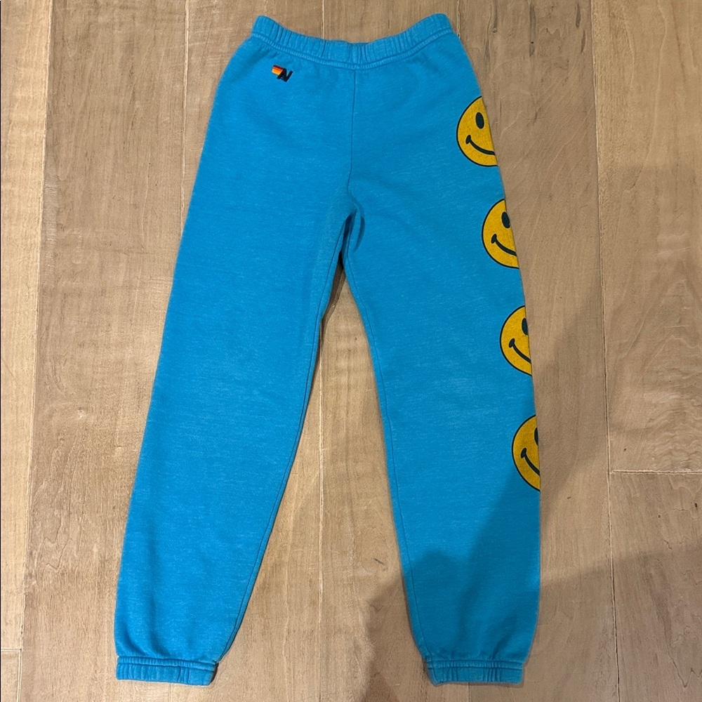 Aviator Nation Blue Sweatpants with Yellow Smiley Stripe